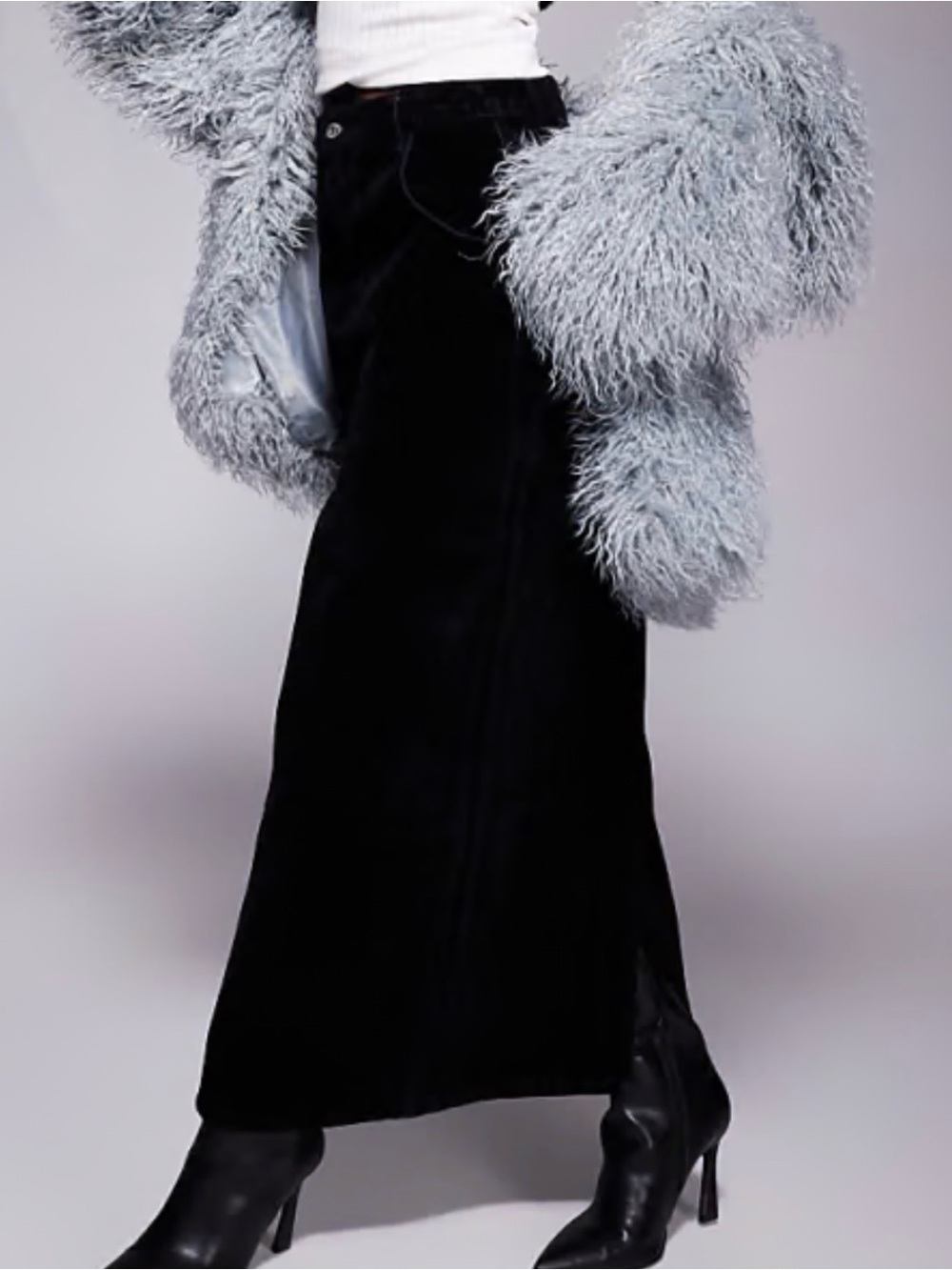 100% cotton black denim Maxi Skirt - Sleek High-Waist Long Skirt back slit